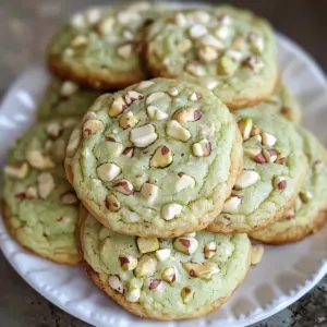 Stack of soft green pistachio cookies with white chocolate chips and chopped pistachios on top