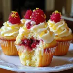 Fluffy raspberry lemon cupcakes topped with lemon cream cheese frosting and fresh raspberries