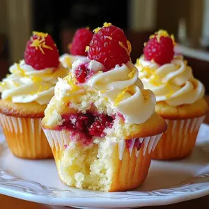 Fluffy raspberry lemon cupcakes topped with lemon cream cheese frosting and fresh raspberries