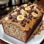 Sliced Reese's peanut butter banana bread with melted chocolate chips and banana topping