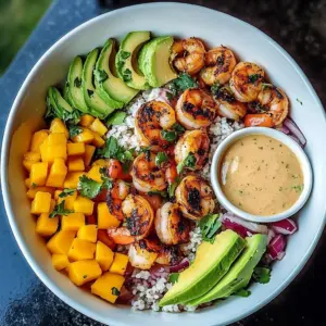 Colorful shrimp bowl topped with avocado, mango salsa, and lime wedges in a white bowl