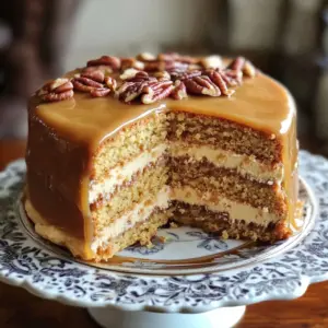 Layered Southern Pecan Caramel Cake topped with caramel frosting and chopped pecans