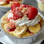 Layers of Strawberry Cheesecake Banana Pudding topped with fresh strawberries and crushed wafers.