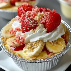 Layers of Strawberry Cheesecake Banana Pudding topped with fresh strawberries and crushed wafers.