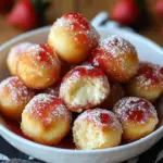 Golden donut holes drizzled with strawberry jam and filled with creamy cheesecake