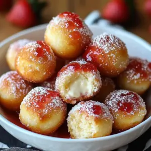 Golden donut holes drizzled with strawberry jam and filled with creamy cheesecake