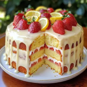 Sliced Strawberry Lemonade Buttermilk Cake with glaze and strawberries