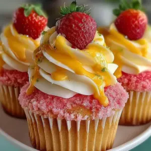 Freshly baked strawberry mango margarita cupcakes topped with lime zest