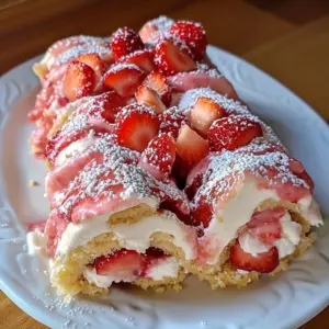 Strawberry Shortcake Cheesecake Rolls sliced and dusted with powdered sugar