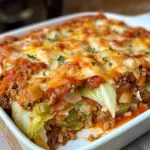 Cheesy Stuffed Cabbage Roll Casserole served hot in a baking dish
