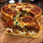 Golden stuffed deep dish pizza pie filled with beef, cheese, and toppings.