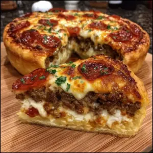 Golden stuffed deep dish pizza pie filled with beef, cheese, and toppings.