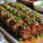 Sliced Korean BBQ Meatloaf topped with sesame seeds and green onions on a serving plate