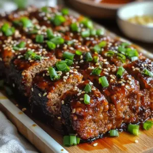 Sliced Korean BBQ Meatloaf topped with sesame seeds and green onions on a serving plate