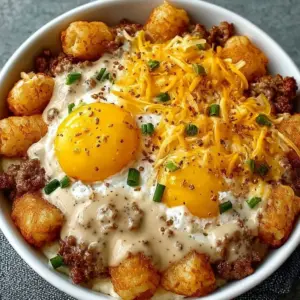 A hearty tater tot breakfast bowl topped with sausage gravy, eggs, cheese, and green onions