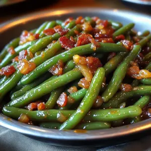 Skillet of Texas Roadhouse-style green beans with bacon and onion, served hot