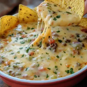 Crock pot of cheesy queso with ground beef and tortilla chips on the side