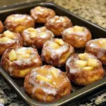 Golden baked apple fritters on parchment, drizzled with glaze