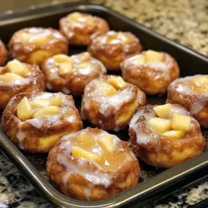 Golden baked apple fritters on parchment, drizzled with glaze