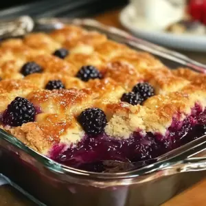 Golden brown blackberry cobbler served warm with a scoop of vanilla ice cream