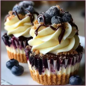 Mini White Chocolate Blueberry Cheesecake Cupcakes with fresh blueberries.