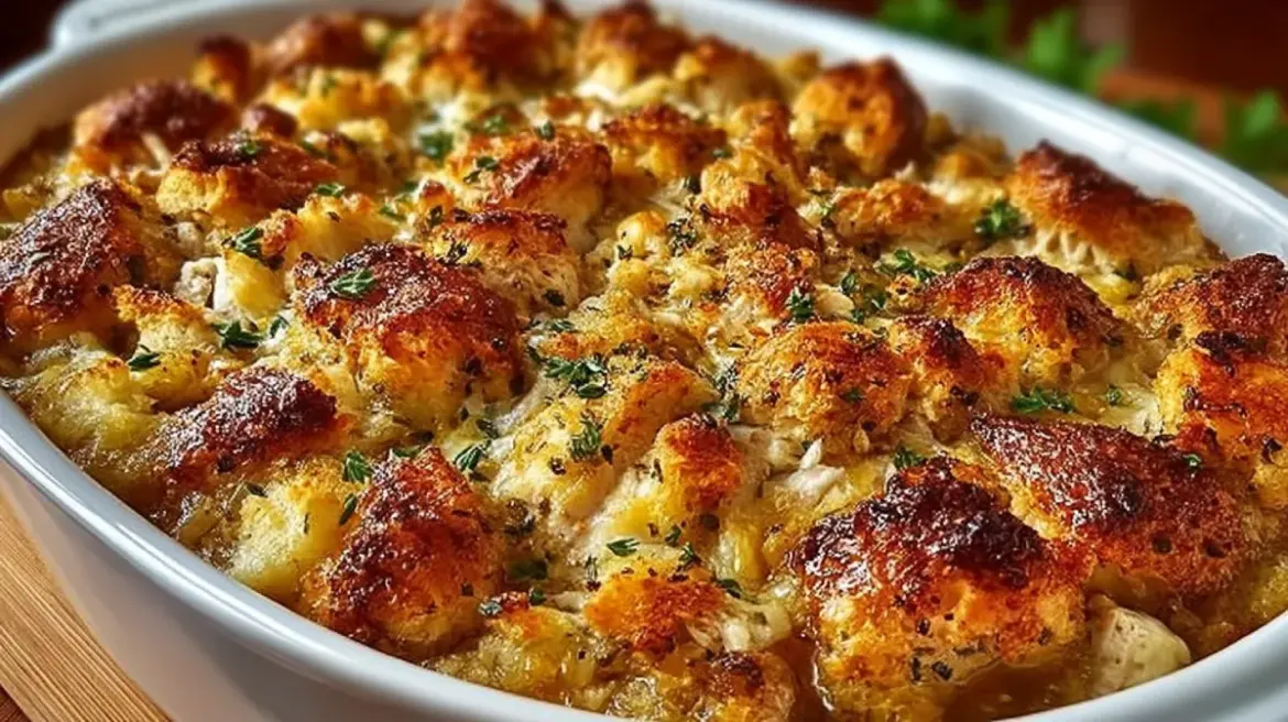 Baked casserole dish filled with creamy chicken and stuffing topped with golden cheese