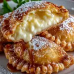 Golden stuffed fried apple pies dusted with powdered sugar on parchment