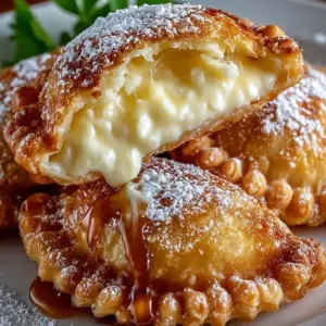 Golden stuffed fried apple pies dusted with powdered sugar on parchment