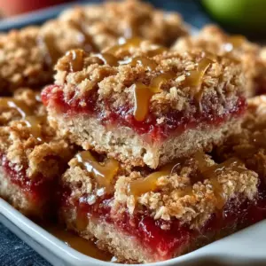 Stack of Amish Oatmeal Rhubarb Bars with golden crumb topping and vibrant rhubarb filling