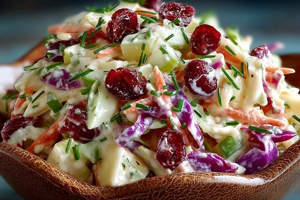 Bowl of Apple Cranberry Coleslaw with fresh ingredients