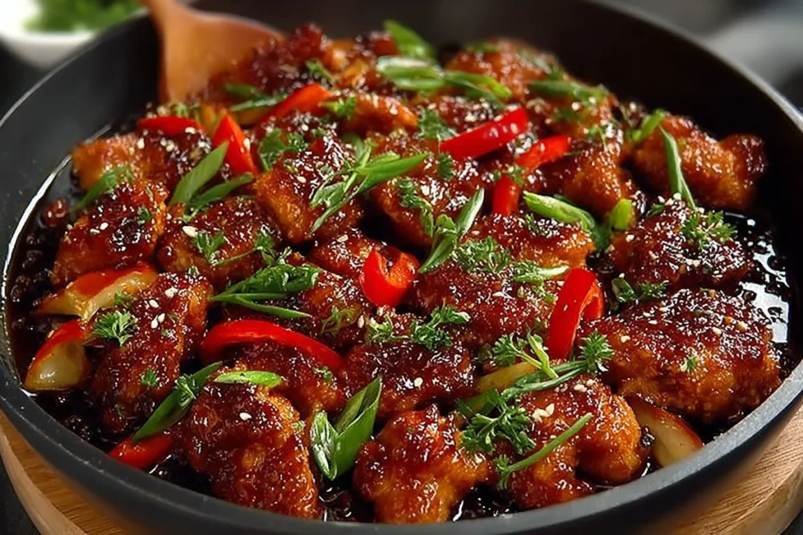 Plate of Asian-Style Crispy Garlic Chicken garnished with herbs