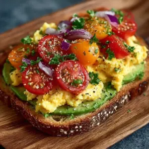 Avocado toast with scrambled eggs and mixed veggies on a plate.