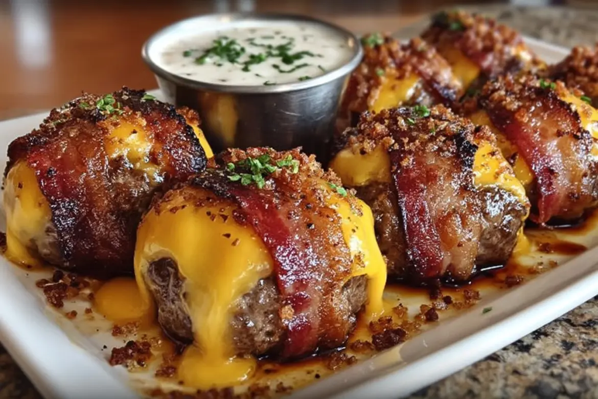 Delicious bacon cheeseburger bombs on a plate with melted cheese and crispy bacon