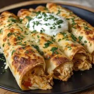 Baked Cream Cheese Chicken Taquitos on a platter with dipping sauces