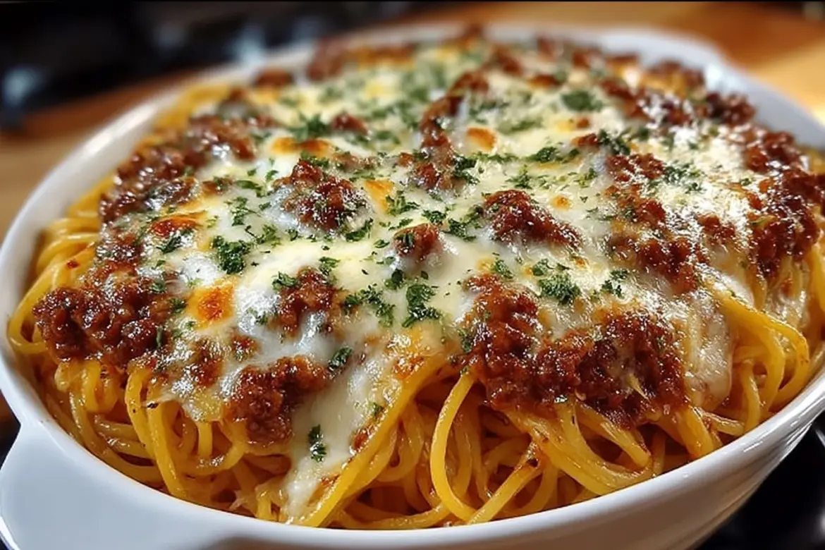 Baked cream cheese spaghetti dish topped with cheese and herbs
