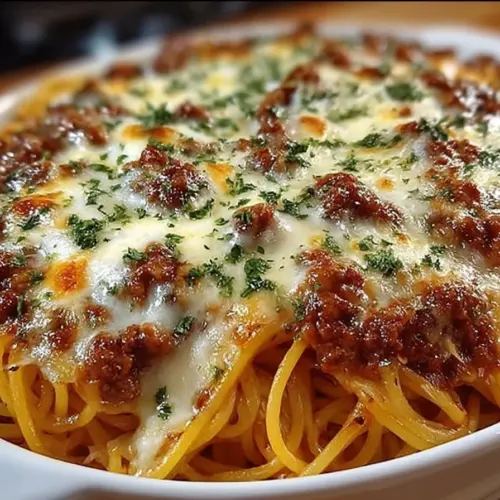 Baked cream cheese spaghetti dish topped with cheese and herbs