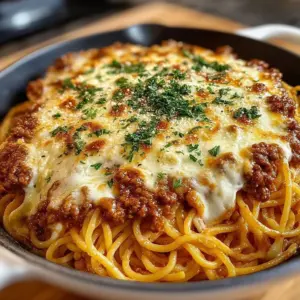 Baked cream cheese spaghetti casserole in a dish, topped with melted cheese and fresh parsley