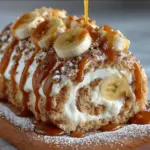 A slice of Banana Caramel Roll Cake drizzled with caramel sauce on a dessert plate