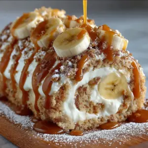 A slice of Banana Caramel Roll Cake drizzled with caramel sauce on a dessert plate