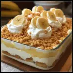 Delicious Banana Pudding Lush dessert in a clear dish, showcasing creamy layers and banana slices.