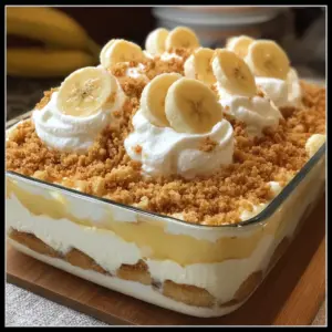Delicious Banana Pudding Lush dessert in a clear dish, showcasing creamy layers and banana slices.