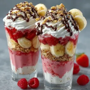 Delicious banana split milkshake topped with whipped cream and cherries