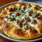 Sliced sausage gravy breakfast pizza topped with green onions