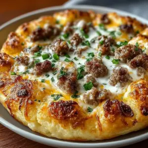 Sliced sausage gravy breakfast pizza topped with green onions