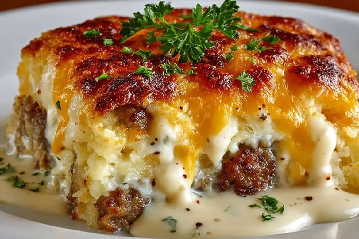 Delicious Biscuits and Gravy Hashbrown Casserole on a plate