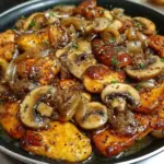 Black pepper chicken stir fry with mushrooms served over rice in a bowl
