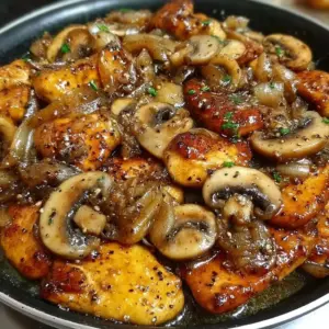 Black pepper chicken stir fry with mushrooms served over rice in a bowl