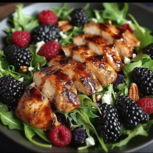 A vibrant salad with grilled chicken slices, blackberries, and mixed greens drizzled with balsamic vinaigrette
