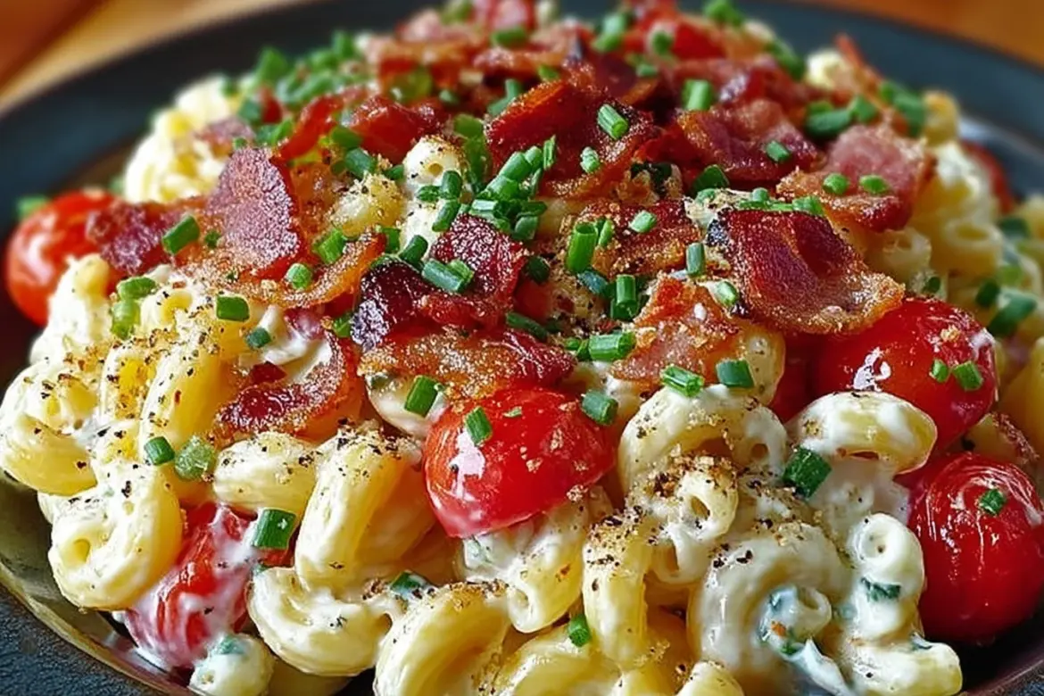 Delicious BLT Macaroni Salad with bacon, lettuce, and tomato flavors