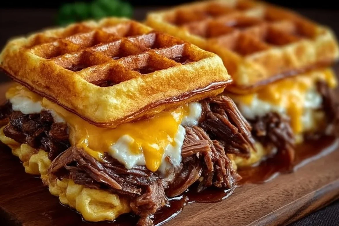 Bourbon-Maple Brisket Grilled Cheese Waffle Sandwich ready to be enjoyed